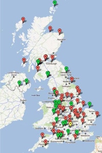 Red points show waste fed plants whilst green points represent farm fed plants